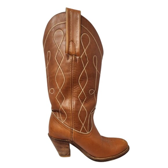 Vintage 1970s Frye Brown Leather Western Cowboy Boots Women’s 6.5 High Heel Tall - Picture 4 of 13